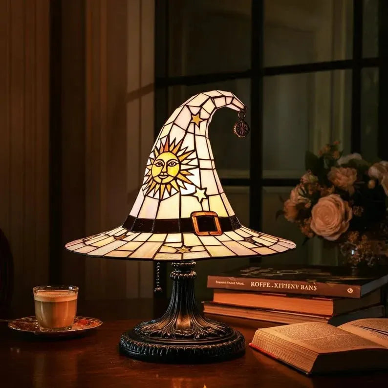 🎁 Pokladový sváteční dárek: Stolní lampa z barevného skla ve tvaru čarodějnického klobouku, kreativní a originální umělecký dárek na svátky