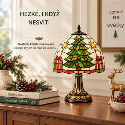 Vánoční stolní lampa ve vintage stylu – barevný vánoční stromek s efektem vitráže