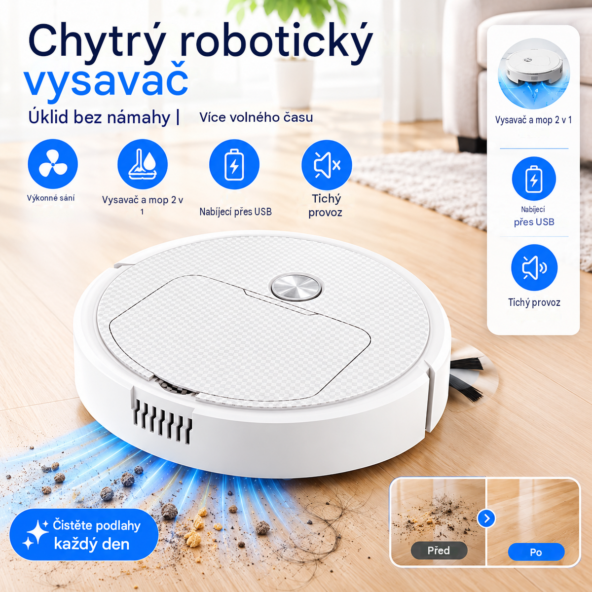 Robotický vysavač 3v1 s mopem, USB nabíjením a bezdrátovým provozem – chytrý pomocník pro snadný úklid domácnosti