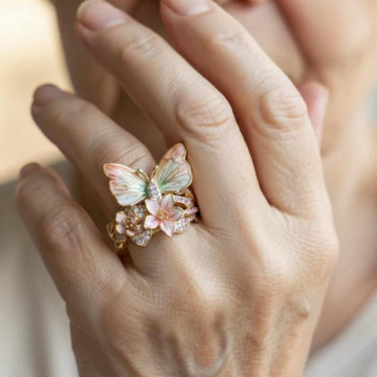 Brimhaven vintage zlatý květinový prsten – elegantní motýl a romantický květinový design, dokonalý vánoční dárek.🌸💎