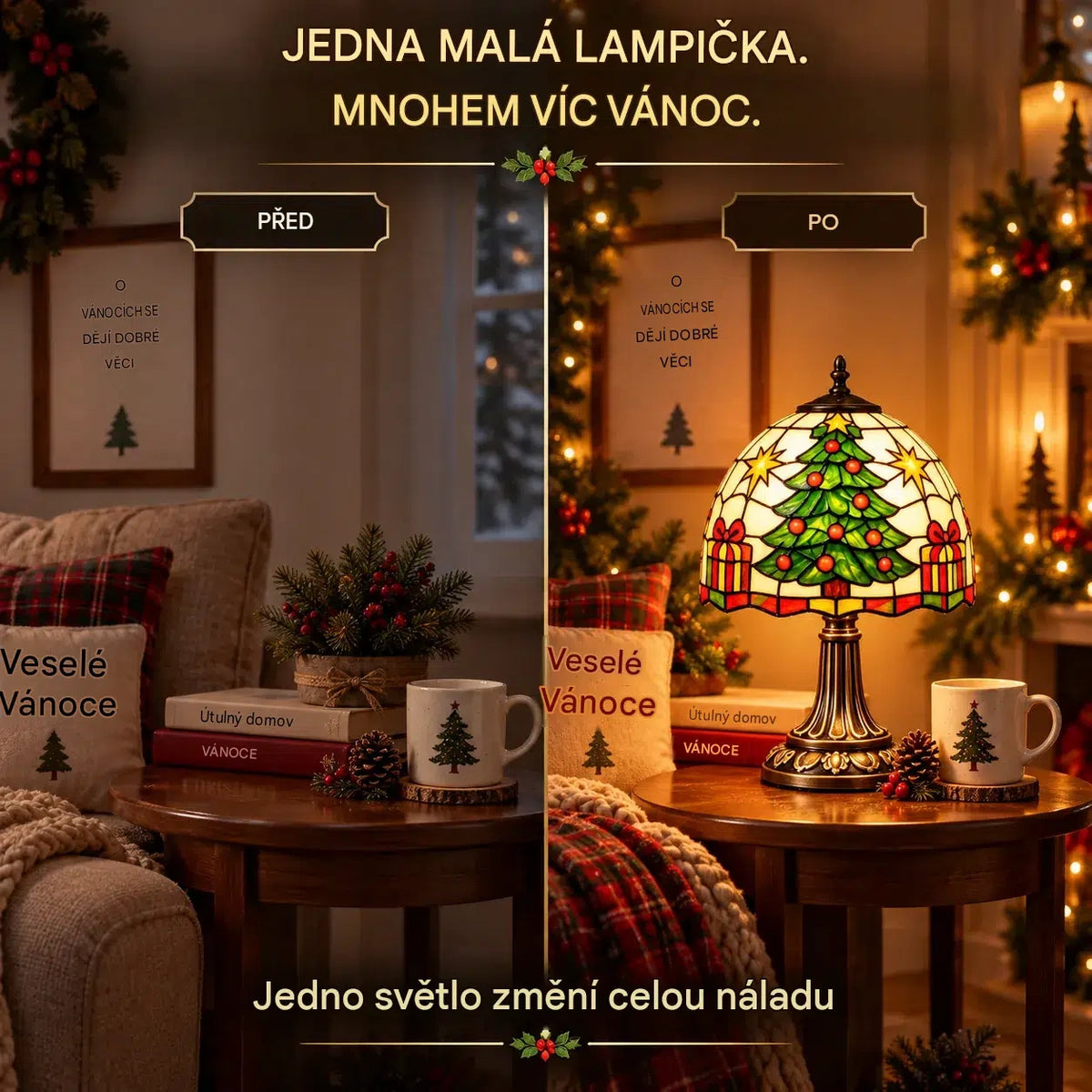Vánoční stolní lampa ve vintage stylu – barevný vánoční stromek s efektem vitráže