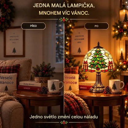 Vánoční stolní lampa ve vintage stylu – barevný vánoční stromek s efektem vitráže