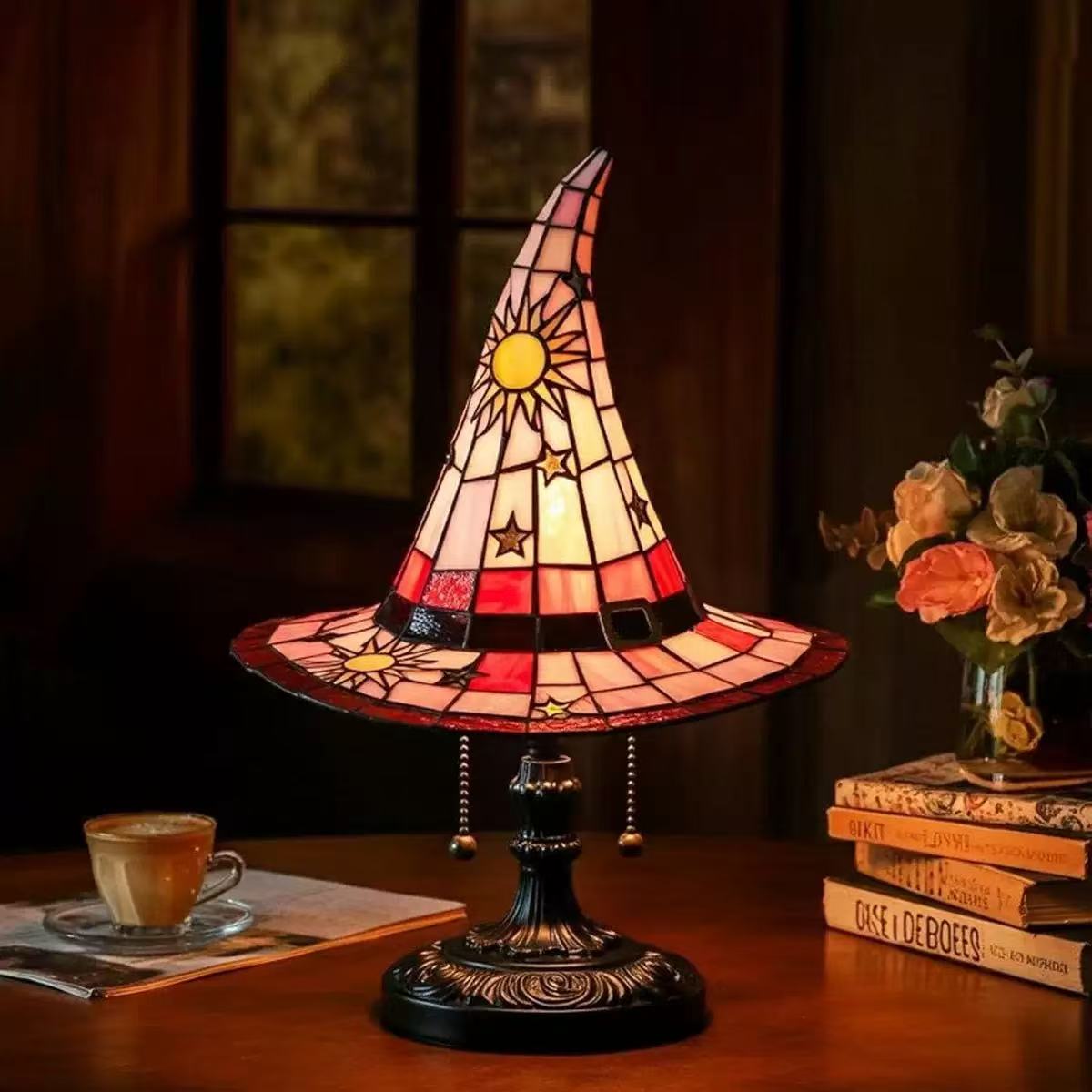 🎁 Pokladový sváteční dárek: Stolní lampa z barevného skla ve tvaru čarodějnického klobouku, kreativní a originální umělecký dárek na svátky