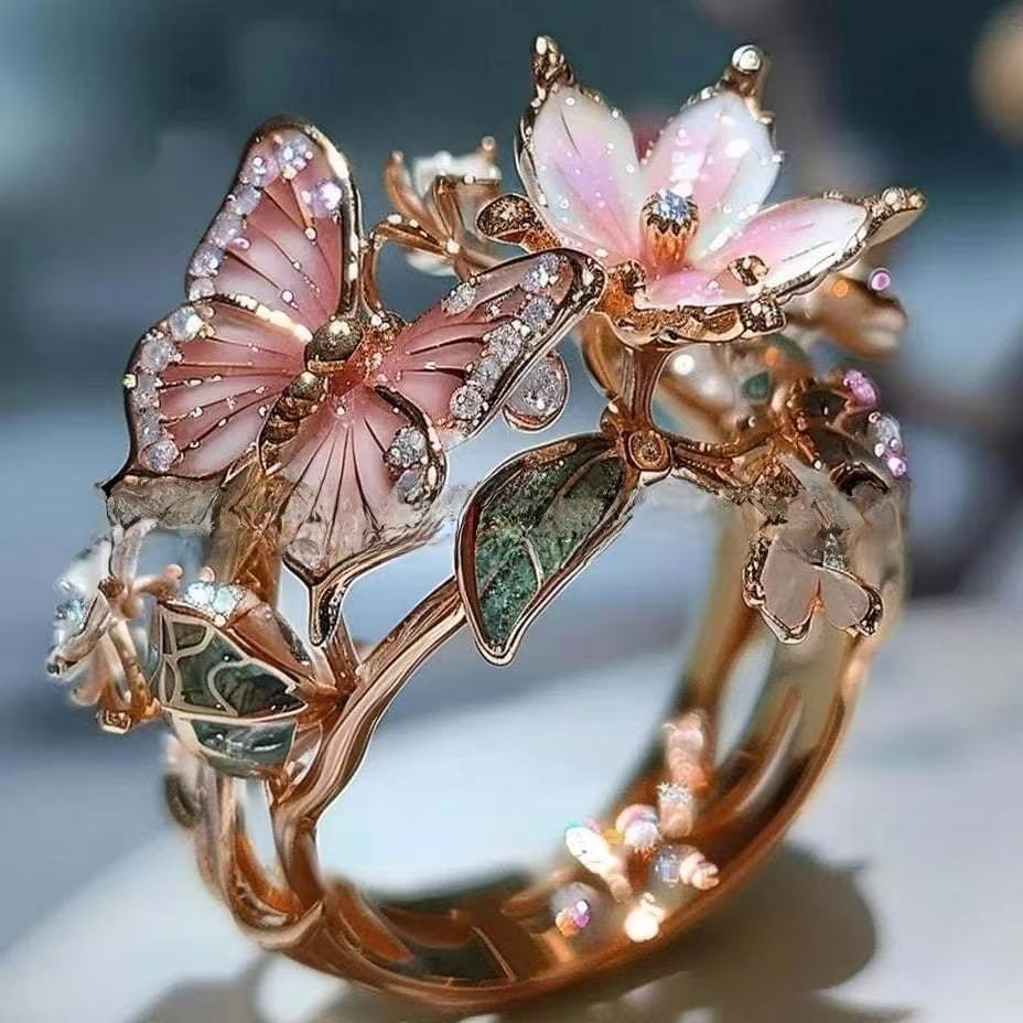 Brimhaven vintage zlatý květinový prsten – elegantní motýl a romantický květinový design, dokonalý vánoční dárek.🌸💎