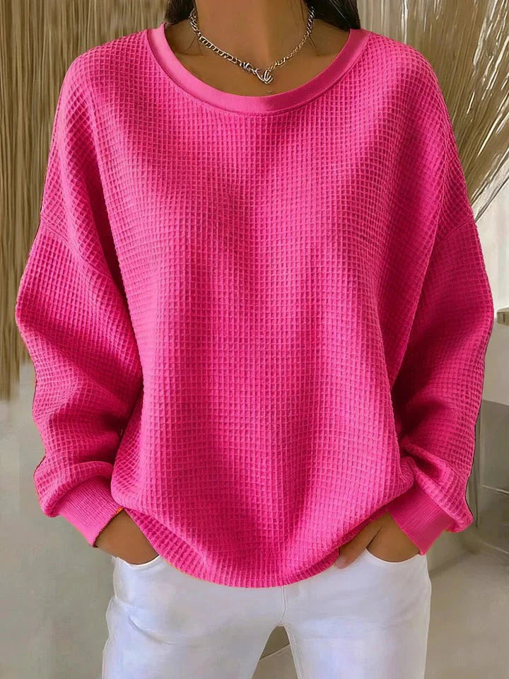 ✨ Dámská mikina s dlouhým rukávem, kulatým výstřihem a vaflovou strukturou, jednobarevná volná mikina s kontrastními rukávy 💖