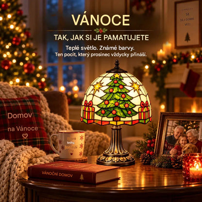 Vánoční stolní lampa ve vintage stylu – barevný vánoční stromek s efektem vitráže