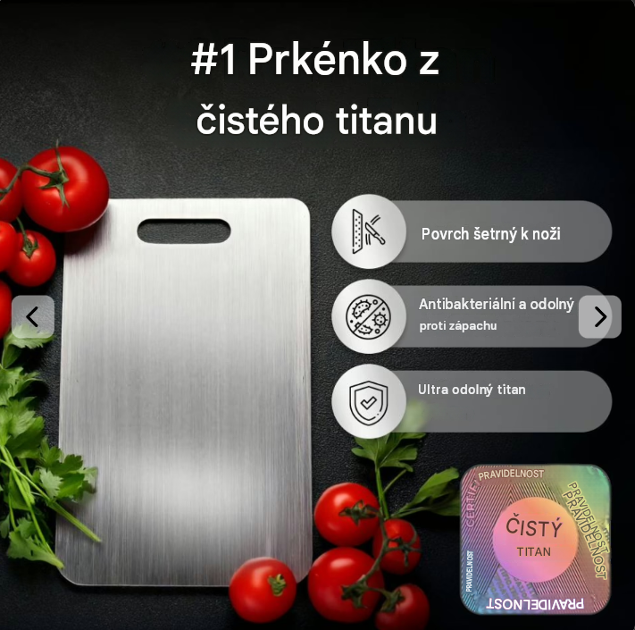 Čistě titanové prkénko na krájení do kuchyně, potravinářská kvalita, odolné proti skvrnám, trvanlivé, hygienické, šetrné k ostří nožů a snadno se čistí