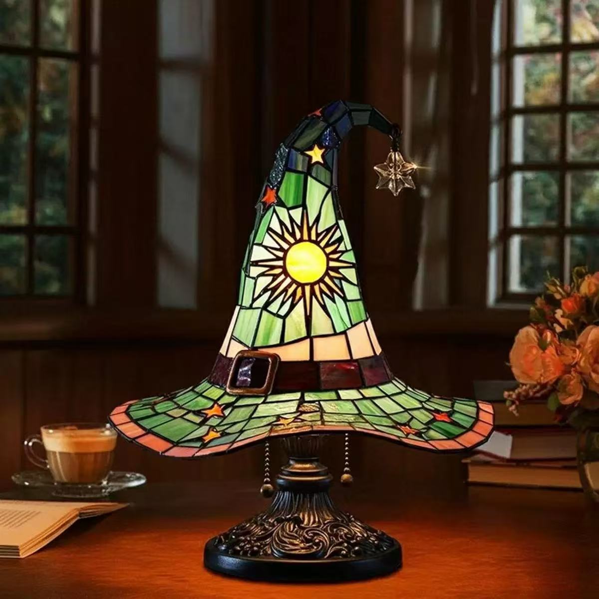 🎁 Pokladový sváteční dárek: Stolní lampa z barevného skla ve tvaru čarodějnického klobouku, kreativní a originální umělecký dárek na svátky