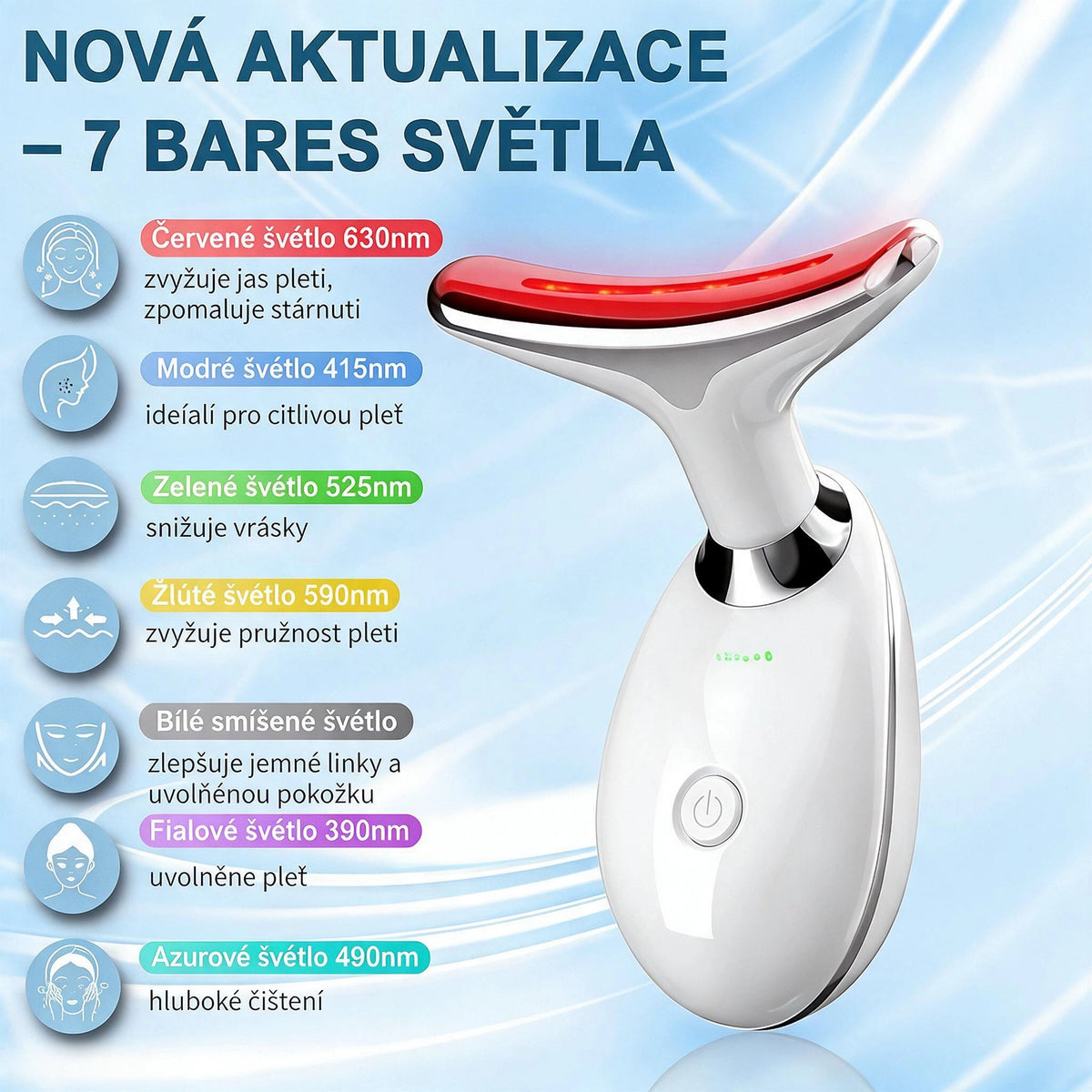 Přístroj s červeným světlem pro zpevnění a omlazení pleti obličeje, krku a paží – navržený speciálně pro zralou ženskou pleť, aby byly kontury hladší a pevnější.