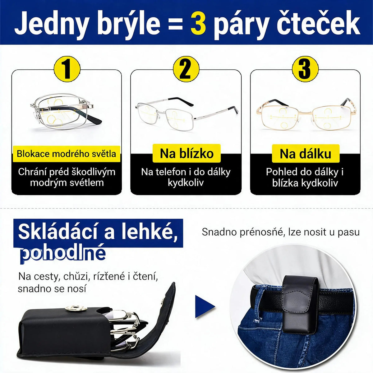 Multifokální skládací brýle na čtení, ostré vidění na blízko i do dálky, inteligentní fotochromatické zabarvení, ochrana očí před modrým světlem